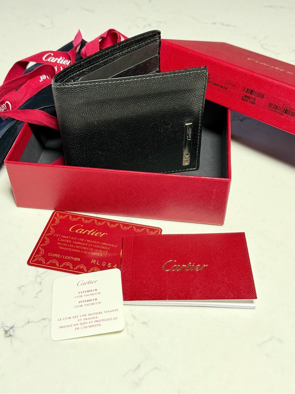 Vintage Santos de Cartier Black Grained Leather Bifold Wallet Luxury